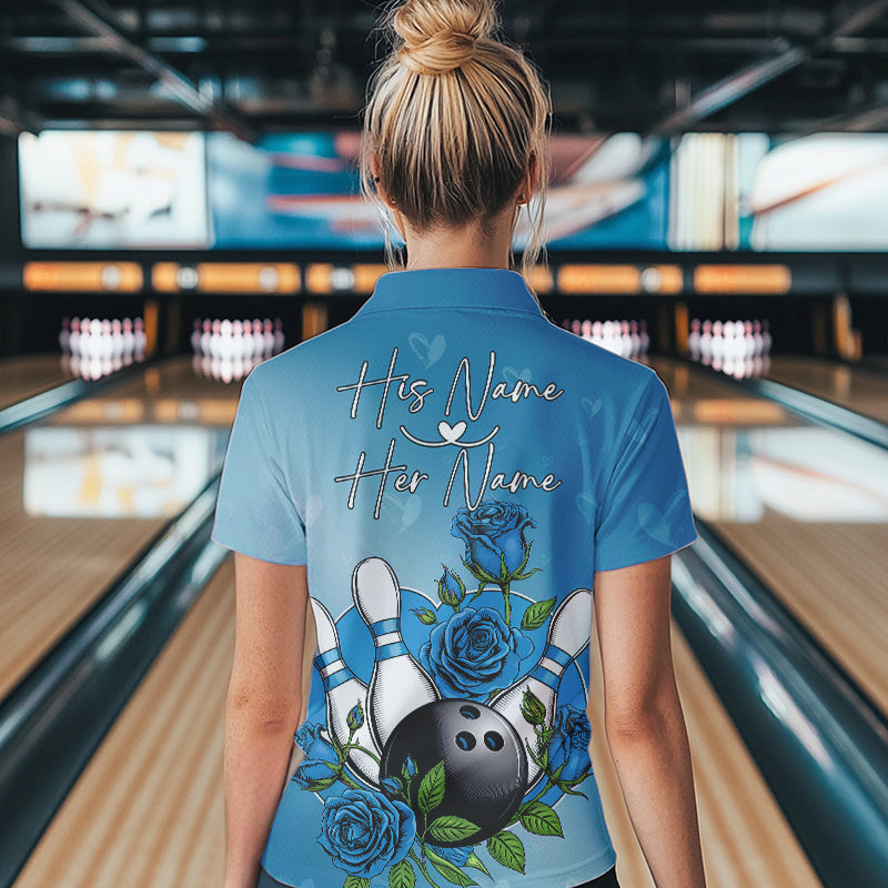 Custom Blue Valentine Bowling Polo Shirt For Women, Bowling And Roses Couple Bowling Outfit IPHW8351