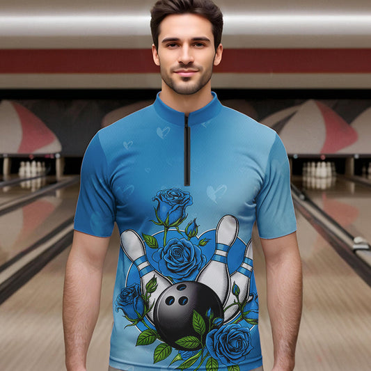 Custom Blue Valentine Bowling Quarter-Zip Shirts For Men, Bowling And Roses Couple Bowling Outfits IPHW8351