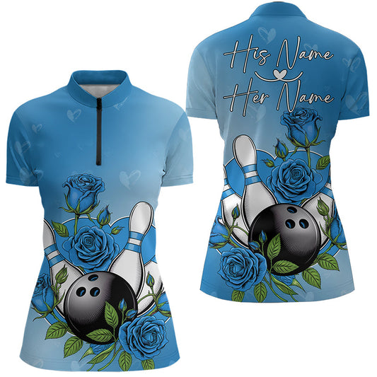 Custom Blue Valentine Bowling Quarter-Zip Shirts For Women, Bowling And Roses Couple Outfit IPHW8351