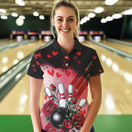 Custom Black And Red Heart Theme Valentine Bowling Polo Shirts For Women, Couple Bowling Shirt IPHW8353