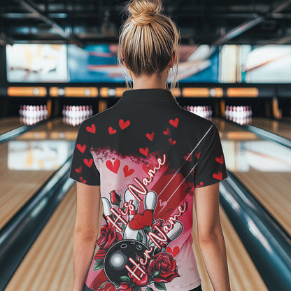 Custom Black And Red Heart Theme Valentine Bowling Polo Shirts For Women, Couple Bowling Shirt IPHW8353