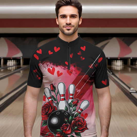 Custom Black And Red Heart Theme Valentine Bowling Quarter-Zip Shirt For Men, Couple Bowling Shirt IPHW8353