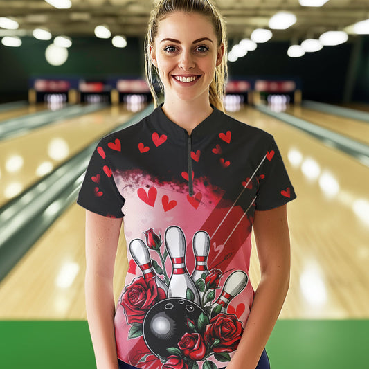 Custom Black And Red Heart Valentine Bowling Quarter-Zip Shirts For Women, Couple Bowling IPHW8353