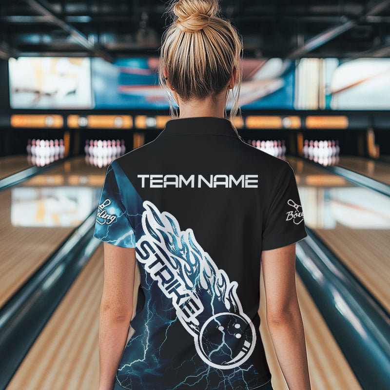 Custom Black And Blue Thunder Lightning Strike Bowling Womens Quarter-Zip Shirts Team Shirt IPHW8532