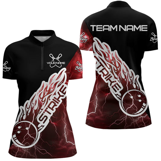 Custom Black And Red Thunder Lightning Strike Bowling Womens Quarter-Zip Shirts Team Shirt IPHW8533