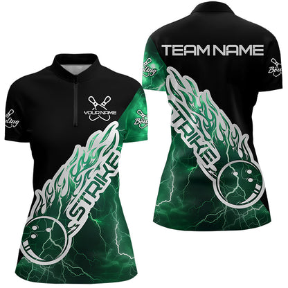 Custom Black And Green Thunder Lightning Strike Bowling Womens Quarter-Zip Team Shirt IPHW8534