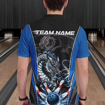 Custom Black And Blue Dragon Bowling Polo Shirts For Men, Dragon Bowling Tournament Uniform IPHW8552
