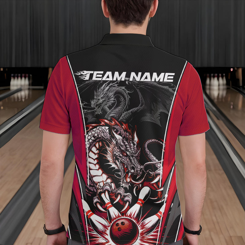 Custom Black And Red Dragon Bowling Polo Shirts For Men, Dragon Bowling Tournament Uniform IPHW8553
