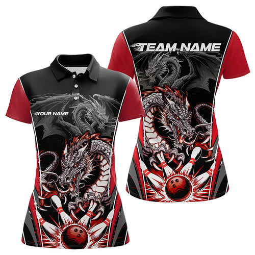 Custom Black And Red Dragon Bowling Polo Shirt For Women, Dragon Bowling Tournament Uniform IPHW8553