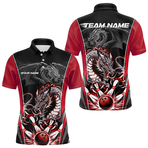 Custom Black And Red Dragon Bowling Polo Shirts For Men, Dragon Bowling Tournament Uniform IPHW8553