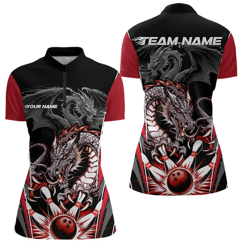 Custom Black And Red Dragon Bowling Womens Quarter-Zip Shirts, Bowling Tournament Uniform IPHW8553