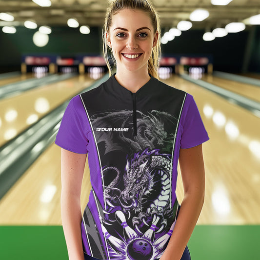 Custom Black And Purple Dragon Bowling Womens Quarter-Zip Shirt, Bowling Tournament Uniform IPHW8554