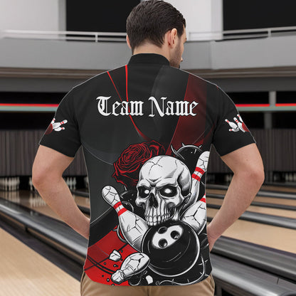 Custom Black And Red Roses Skull Bowling Team Quarter-Zip Shirts For Men, Skull Bowling Jerseys IPHW8870