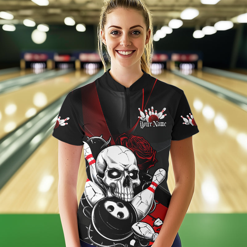 Custom Black And Red Roses Skull Bowling Team Women Quarter-Zip Shirt, Skull Bowling Jersey IPHW8870