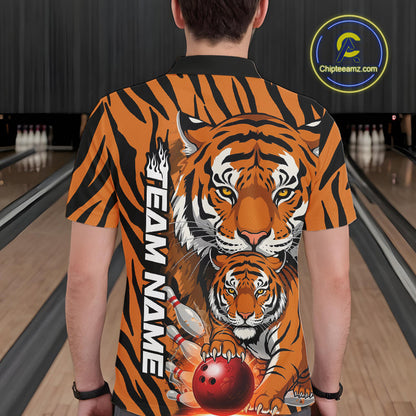 Custom Tiger Print Bowling Team Shirts, Tiger Men Polo Shirts With Name IPHW9095
