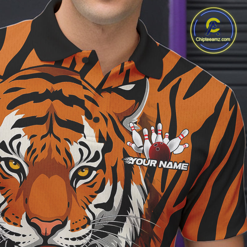 Custom Tiger Print Bowling Team Shirts, Tiger Men Polo Shirts With Name IPHW9095
