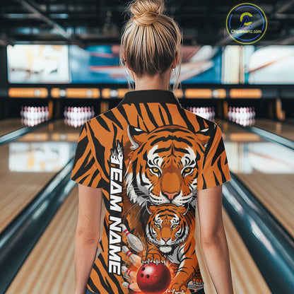 Custom Tiger Print Bowling Team Shirts, Tiger Women Polo Shirts With Name IPHW9095