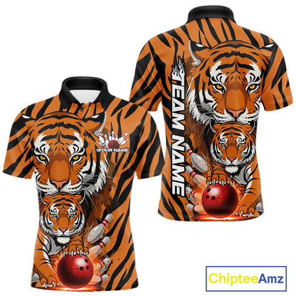 Custom Tiger Print Bowling Team Shirts, Tiger Men Polo Shirts With Name IPHW9095