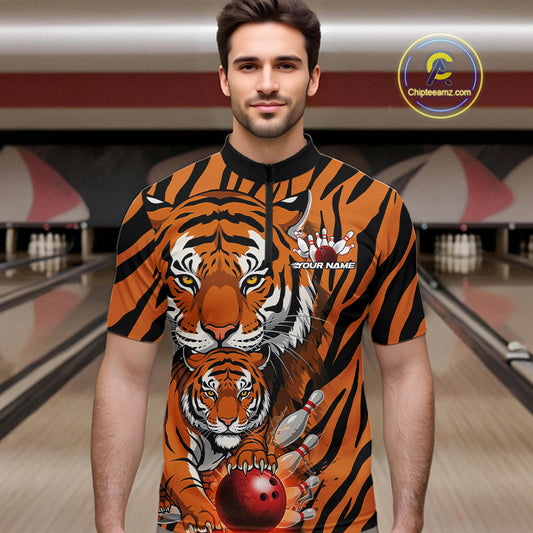 Custom Tiger Print Bowling Team Shirts, Tiger Men Quarter-Zip Shirts With Name IPHW9095