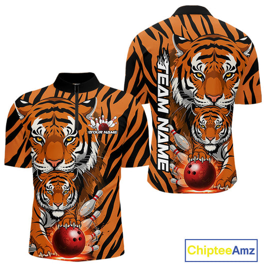 Custom Tiger Print Bowling Team Shirts, Tiger Men Quarter-Zip Shirts With Name IPHW9095