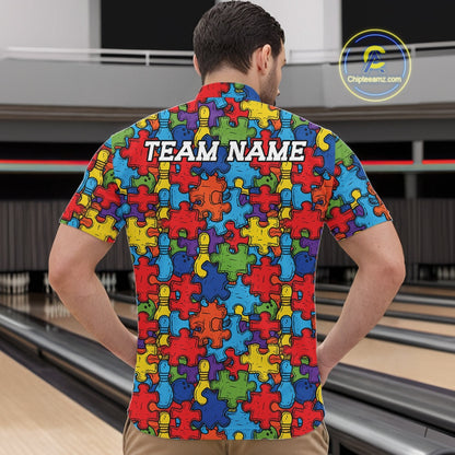 Custom Autism Awareness Bowling Men Quarter Zip Shirt, Colorful Puzzle Pieces Bowling Shirt IPHW11615