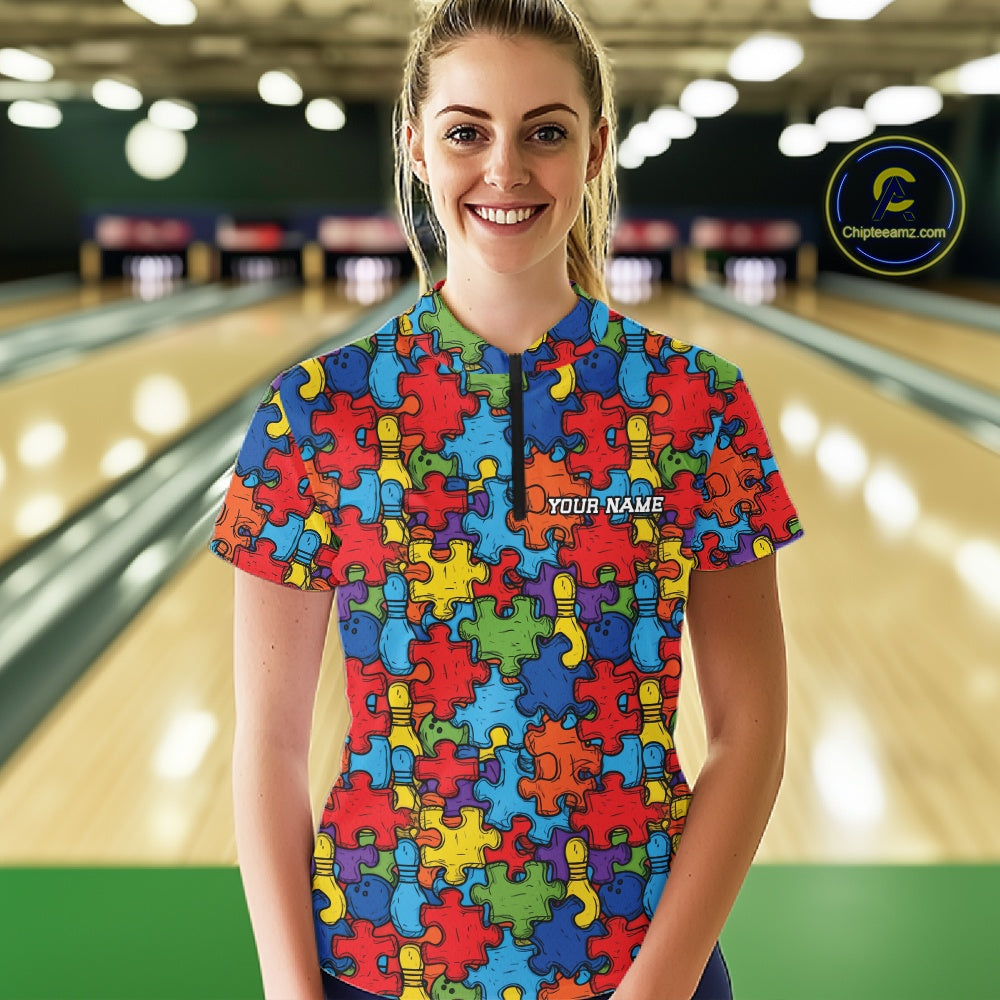 Custom Autism Awareness Bowling Women Shirt, Colorful Puzzle Pieces Bowling Shirt IPHW11615