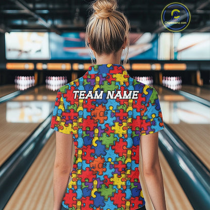 Custom Autism Awareness Bowling Women Shirt, Colorful Puzzle Pieces Bowling Shirt IPHW11615