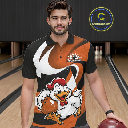Custom Black And Orange Cute Funny Chicken Bowling Jerseys Bowling Team Shirt For Men IPHW11628