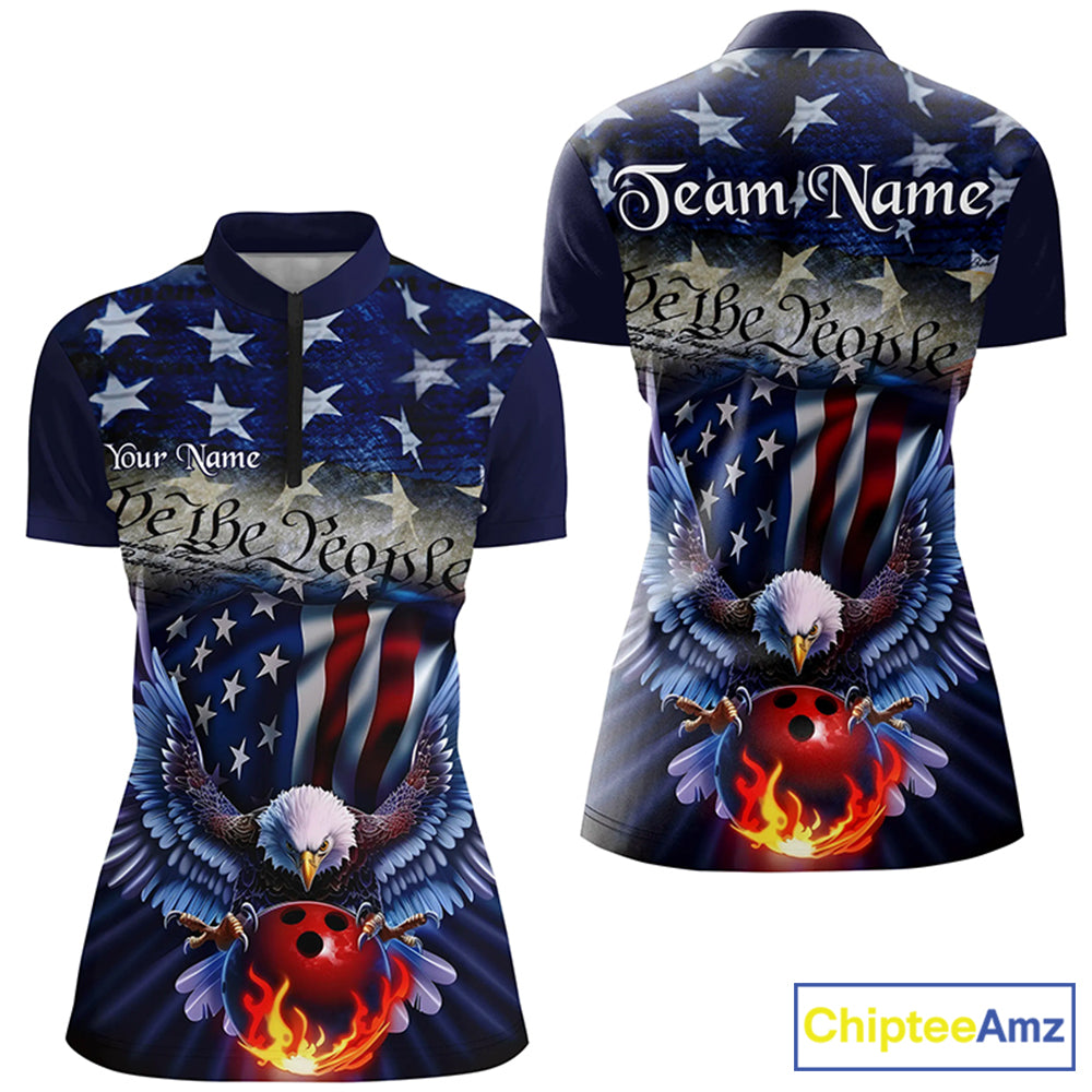 Customized Eagle Bowling Shirt Patriotic Polo Bowling Jersey For Women US Bowling | Blue IPHW7110