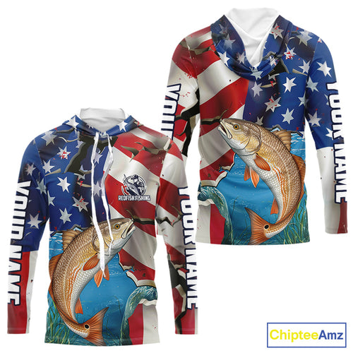 Custom American Flag Patriotic Redfish Fishing Long Sleeve Hooded Fishing Shirts, Redfish Jerseys IPHW9660