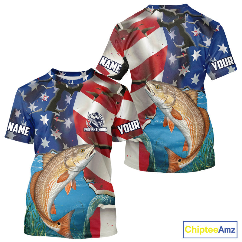 Custom American Flag Patriotic Redfish Fishing Fishing T-Shirts, Redfish Jerseys IPHW9660