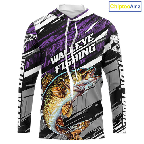 Custom Purple Grass Camo Walleye Long Sleeve Hooded Tournament Fishing Shirts, Fishing Gifts IPHW9665