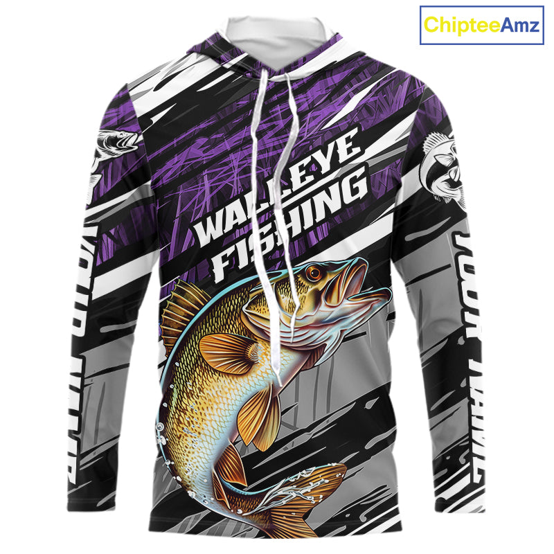 Custom Purple Grass Camo Walleye Long Sleeve Hooded Tournament Fishing Shirts, Fishing Gifts IPHW9665