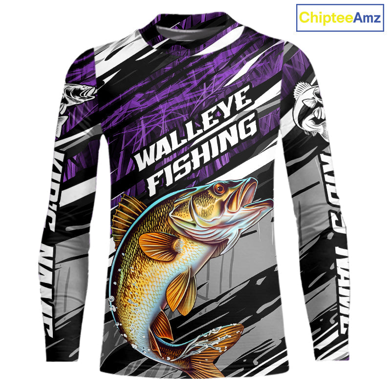 Custom Purple Grass Camo Walleye Fishing Kid Long Sleeve Tournament Fishing Shirts, Fishing Gifts IPHW9665