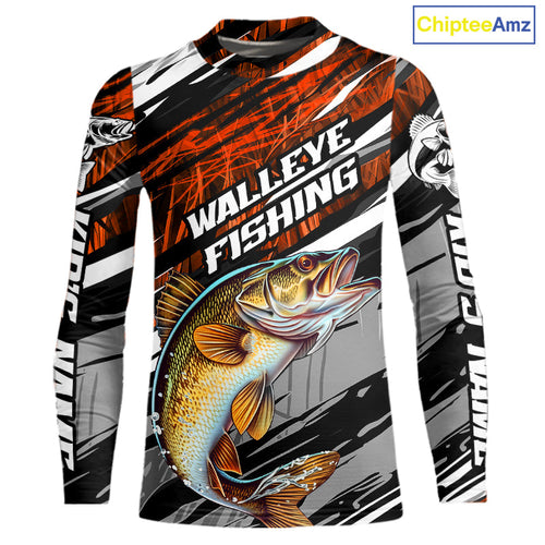 Custom Orange Grass Camo Walleye Fishing Kid Long Sleeve Tournament Fishing Shirts, Fishing Gifts IPHW9666