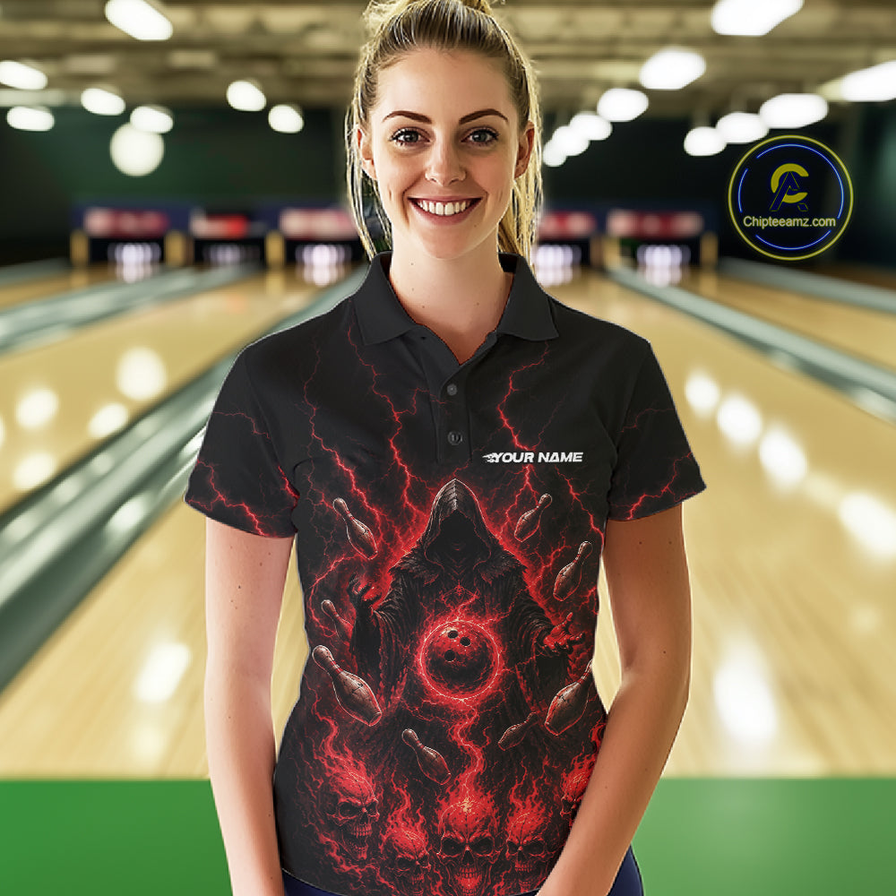 Custom Red Lightning Halloween Grim Reaper Bowling Women Polo Shirt, Dark Magic Outfit IPHW11880