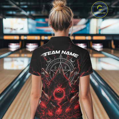 Custom Red Lightning Halloween Grim Reaper Bowling Women Polo Shirt, Dark Magic Outfit IPHW11880