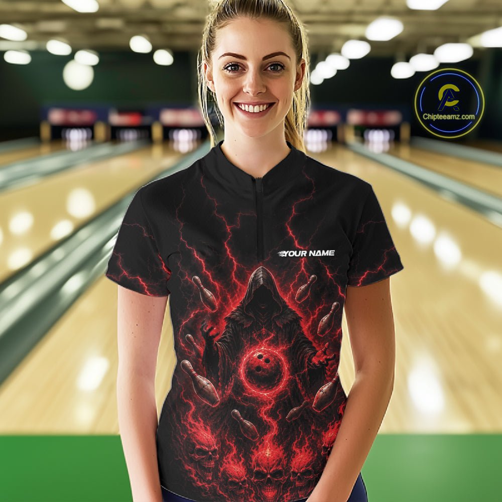 Custom Red Lightning Halloween Grim Reaper Bowling Women Shirt, Dark Magic Outfit IPHW11880