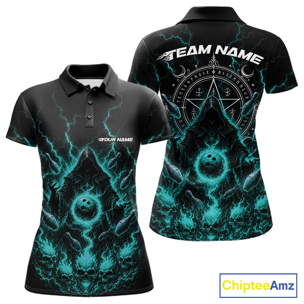 Custom Blue Lightning Halloween Grim Reaper Bowling Women Polo Shirt, Dark Magic Outfit IPHW11881