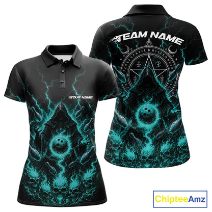 Custom Blue Lightning Halloween Grim Reaper Bowling Women Polo Shirt, Dark Magic Outfit IPHW11881