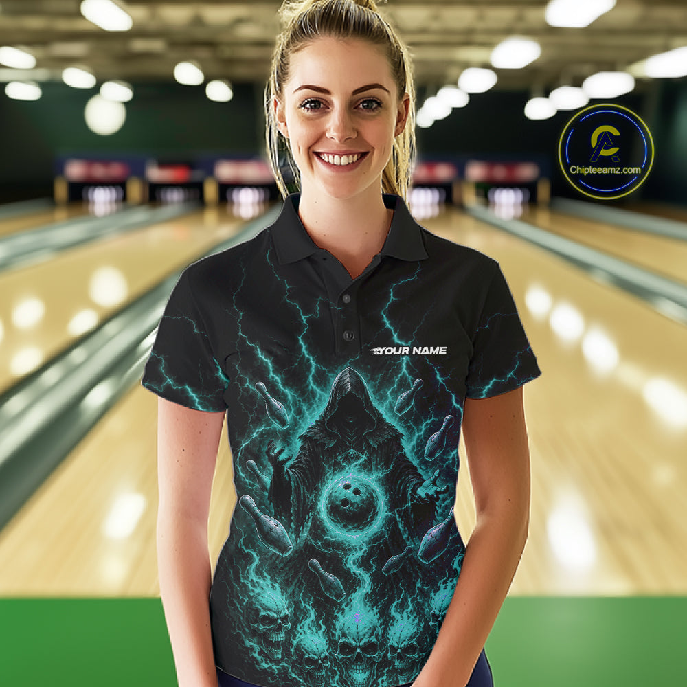Custom Blue Lightning Halloween Grim Reaper Bowling Women Polo Shirt, Dark Magic Outfit IPHW11881