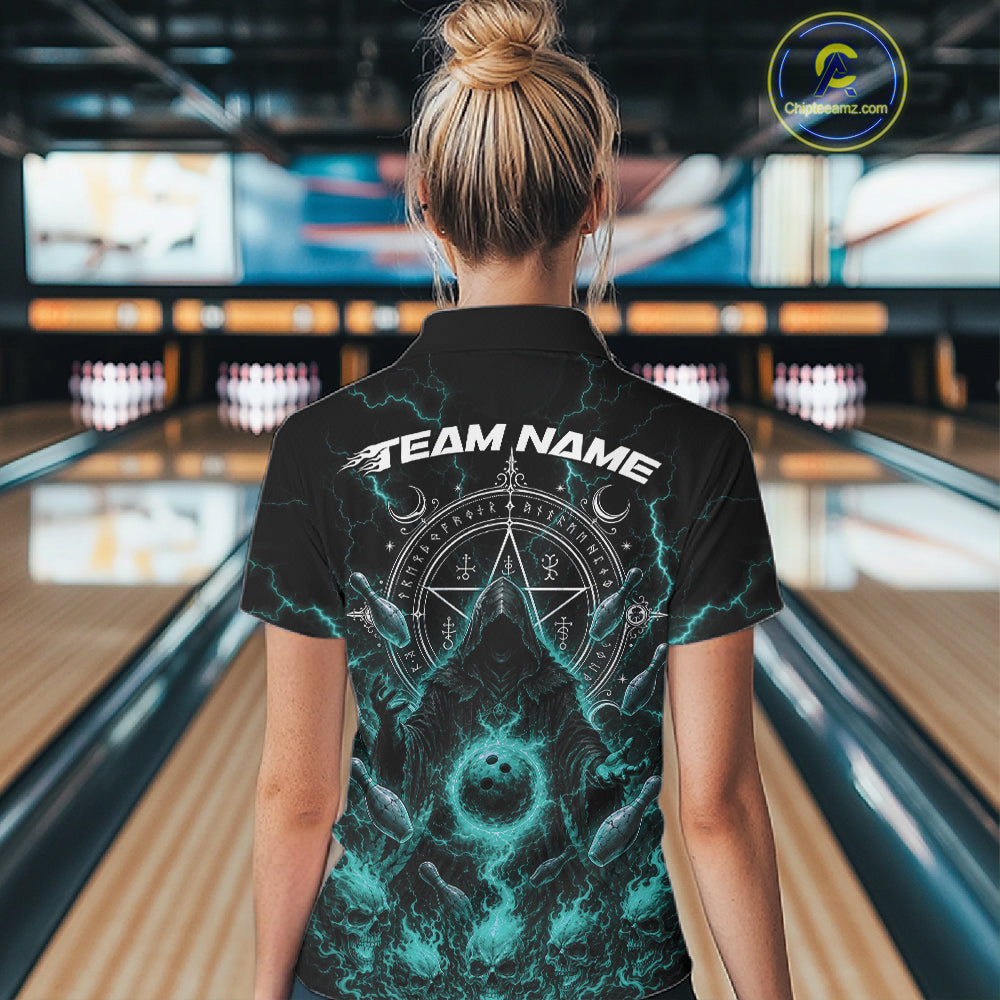 Custom Blue Lightning Halloween Grim Reaper Bowling Women Polo Shirt, Dark Magic Outfit IPHW11881