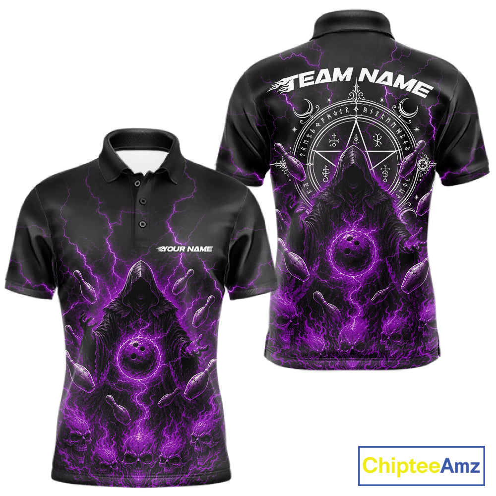 Custom Purple Lightning Halloween Grim Reaper Bowling Men Polo Shirt, Dark Magic Outfit IPHW11882