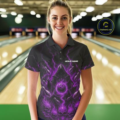 Custom Purple Lightning Halloween Grim Reaper Bowling Women Polo Shirt, Dark Magic Outfit IPHW11882