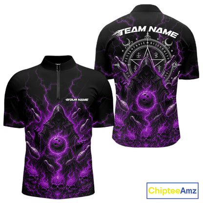 Custom Purple Lightning Halloween Grim Reaper Bowling Men Quarter Zip Shirt, Dark Magic Outfit IPHW11882