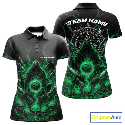 Custom Green Lightning Halloween Grim Reaper Bowling Women Polo Shirt, Dark Magic Outfit IPHW11883