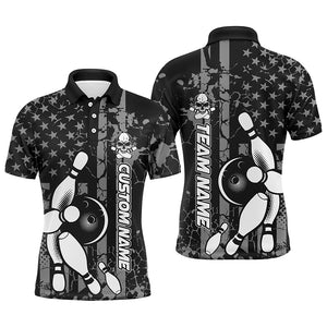 American Flag Black And White Custom Bowling Polo Shirts For Men, Patriotic Bowling Team Jerseys IPHW5211