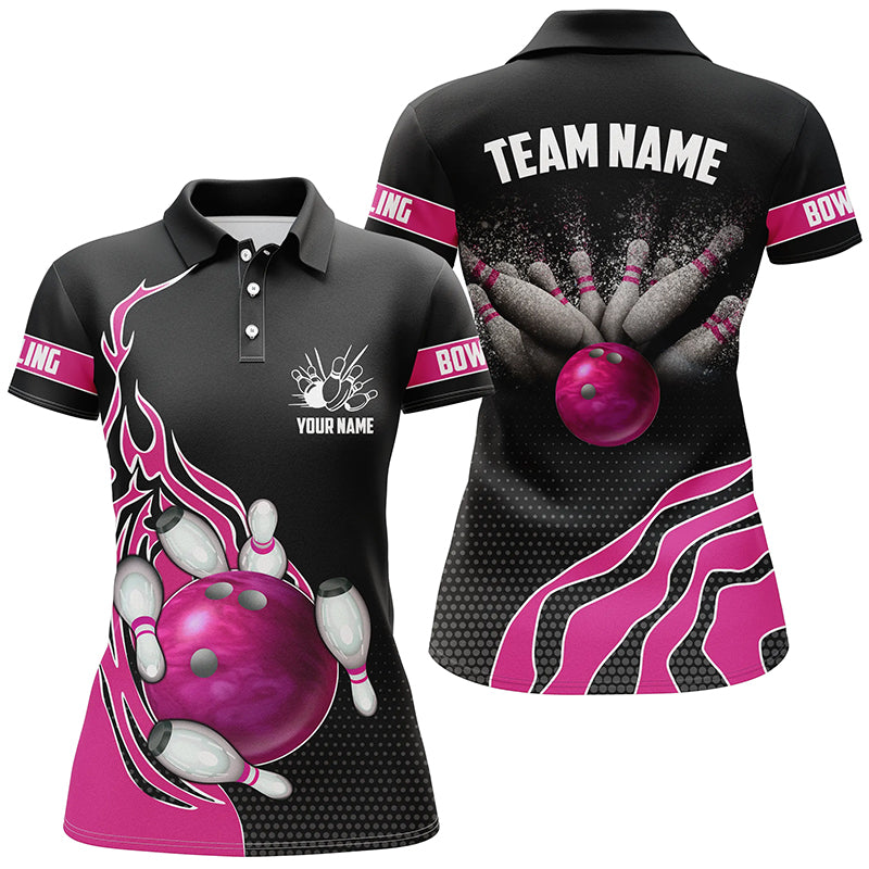 Pink Flame Bowling Polo Shirts For Women, Custom Bowling Team Jerseys Bowler Outfits IPHW5219
