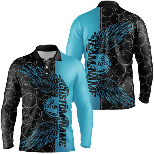 Black And Teal Blue Custom Bowling Ball And Wings Bowling Shirts For Men, Bowling Team Uniform IPHW7929