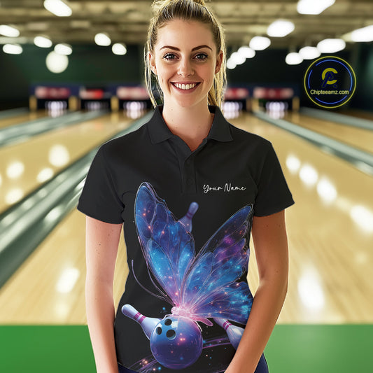 Custom Blue Galaxy Butterfly Bowling Women Polo Shirts, Ladies Bowling Team Outfit IPHW10241